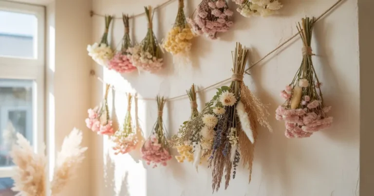 Elegant wall decorated with dried decoration flowers in pastel tones for cozy home decor