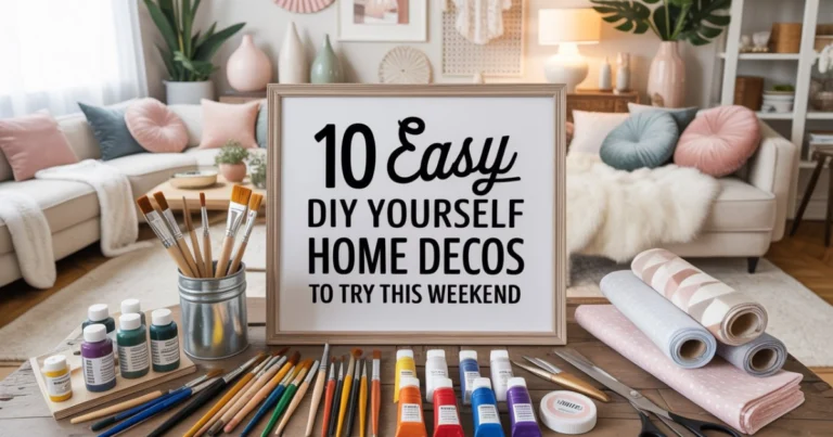 "Bright and cozy DIY home decor scene with craft materials and handmade decorations, featuring the title '10 Easy DIY Yourself Home Decor Ideas to Try This Weekend'."