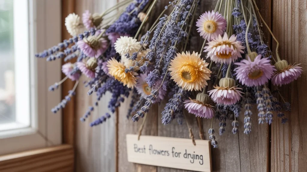 "A beautiful dried flower arrangement decorating a cozy living room wall, showcasing vibrant dried decoration flowers in various colors and textures to enhance home decor naturally."
