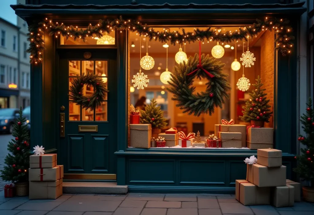 "A charming small business storefront decorated for Christmas with warm fairy lights, paper snowflakes hanging in the window, rustic wreaths on the door, and faux gift boxes stacked neatly. Evening scene with cozy holiday ambiance."