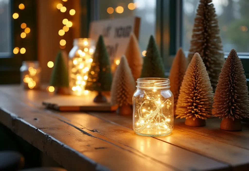 "A cozy wooden table featuring budget-friendly Christmas decorations: mason jars filled with fairy lights, mini tabletop pinecone trees, dried orange and cinnamon garlands, and handwritten holiday notes, all styled for a small business setting."