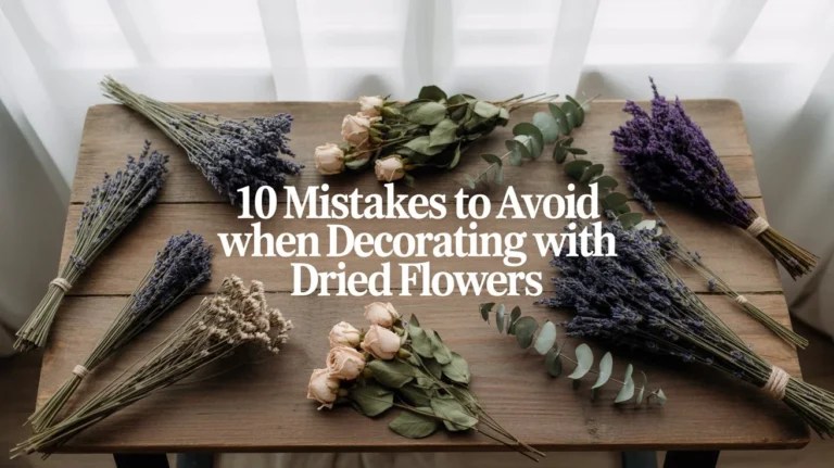 "Flat lay blog cover image with lavender, eucalyptus, and roses arranged on a rustic wooden table, featuring the title '10 Mistakes to Avoid When Decorating with Dried Flowers' in elegant serif font and soft natural lighting."