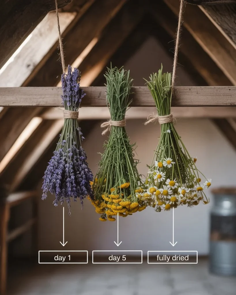 "Step-by-step guide showing how to dry flowers correctly at home, with bunches hanging upside down and timeline stages for preservation."