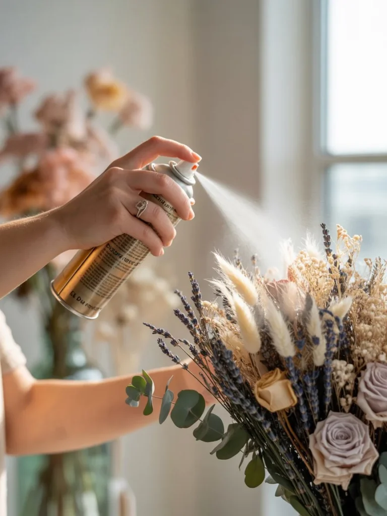"Hand spraying dried flowers with floral sealant to preserve color and prevent petal shedding — essential tip for decorating with dried flowers."