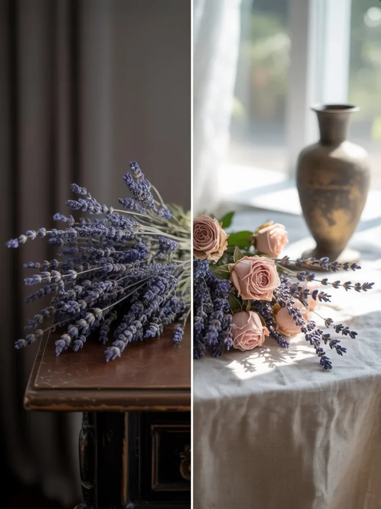 Side-by-side comparison of dried flowers in shade vs direct sunlight showing faded colors — mistake to avoid when decorating with dried flowers