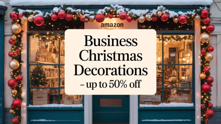 Affordable business christmas decorations storefront featuring festive lights, wreaths, and ornaments creating a warm holiday atmosphere