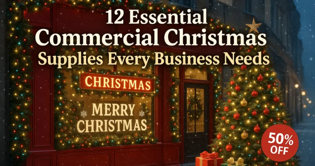 Christmas store front with festive decorations and article title: “12 Essential Commercial Christmas Supplies Every Business Needs”.