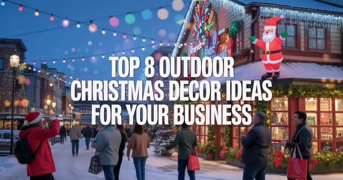 Outdoor Christmas commercial storefront decorated with colorful lights, inflatable Santa, LED displays, and icicle roofline lights during winter evening Christmas Decor Commercial