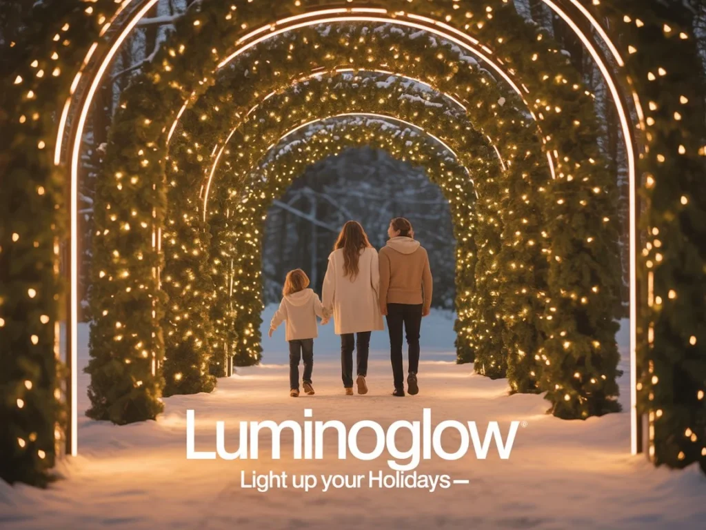 Outdoor Christmas Decor Commercial light tunnel entrance with glowing warm white LED arches and festive decorations attracting visitors

